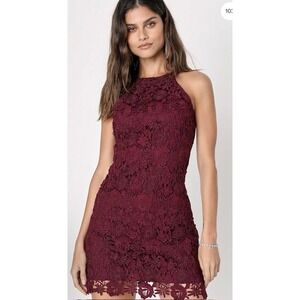 Lulus Love Poem Burgundy‎ Lace Halter Mini Dress Party Cocktail Date Night Small